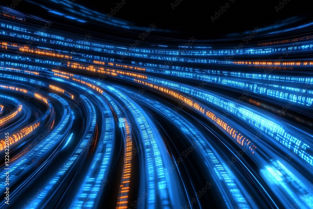 Poster Futuristic Blue Digital Data Stream Background with Flowing Light Patterns : Generative AI