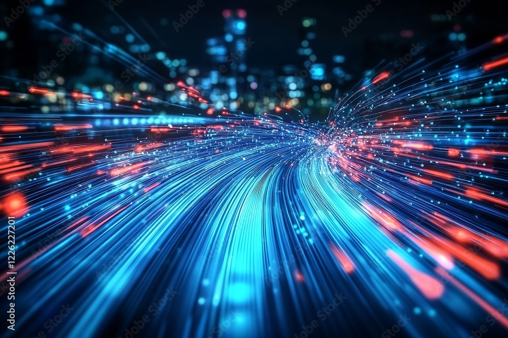Poster Dynamic Light Trails Across Cityscape Showcasing Fast Data Transmission and Urban Technology : Generative AI