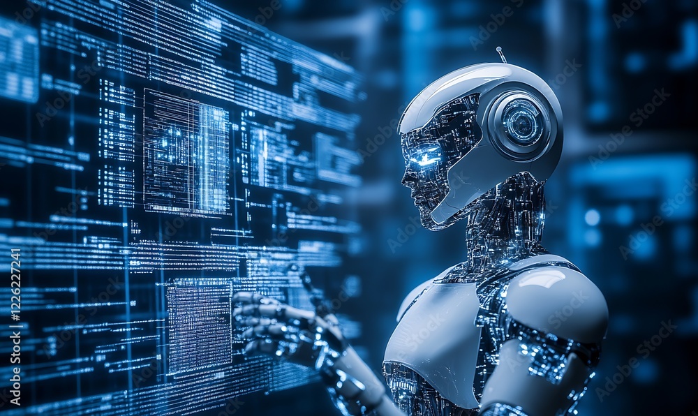 Poster Futuristic Cybernetic Robot Interacting with Digital Interface in Data Center : Generative AI