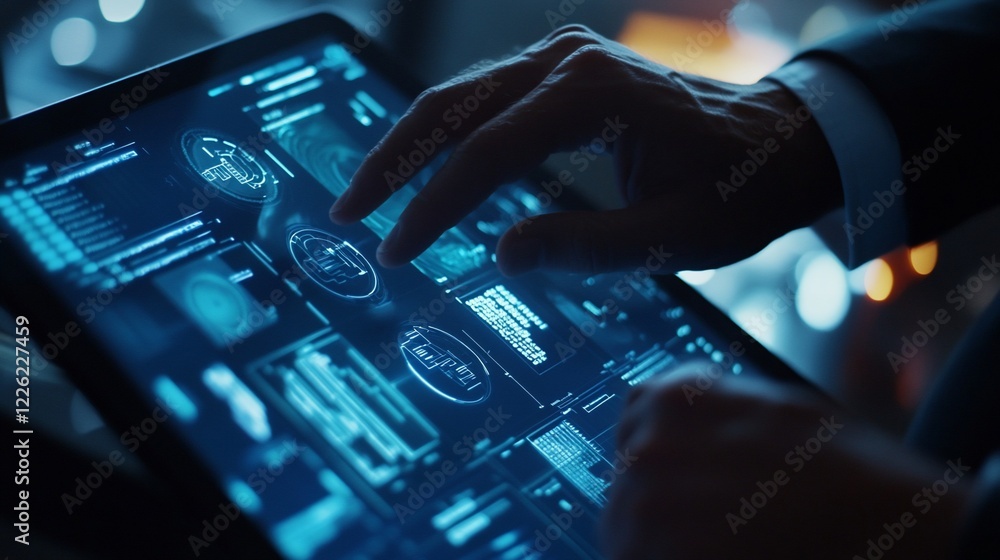 Poster a person interacts with a digital interface on a touchscreen device using their fingers