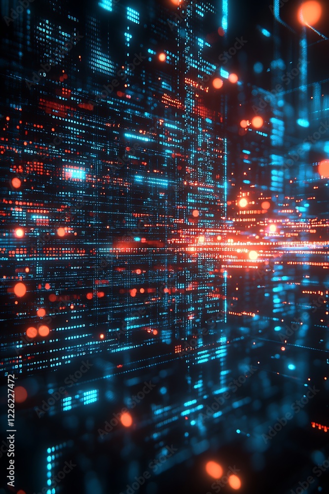 Aufkleber Digital Abstract Visualization of Futuristic Data Network in Red and Blue Lights : Generative AI