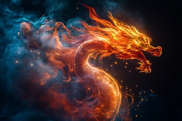 Fiery Dragon Ascending Through Mystical Smoke