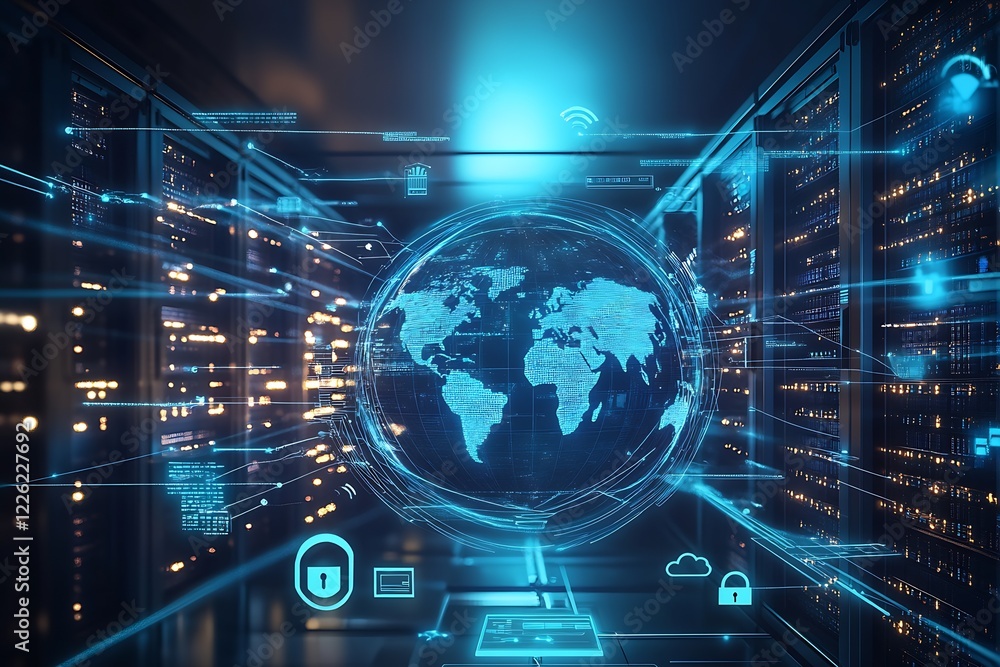 Aufkleber Global Data Network Visualization in a Futuristic Server Room Environment : Generative AI
