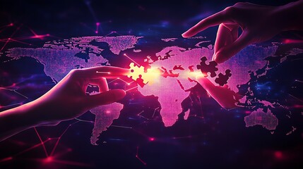 Conceptual puzzle hand interaction on digital globe representing problem-solving and collaboration : Generative AI