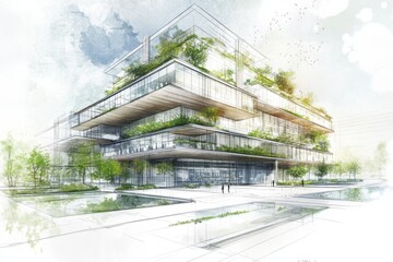 Obraz premium Modern architectural design featuring greenery in an urban landscape during daytime