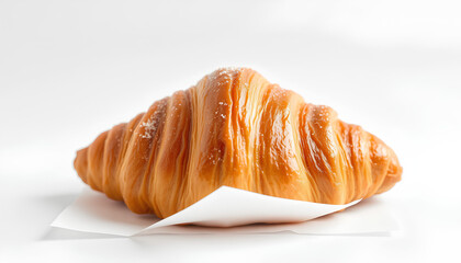 A crispy croissant, golden and flaky, placed on a white paper napkin against a white background