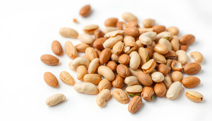 A handful of mixed nuts, including almonds, cashews, and pistachios, scattered on a white background