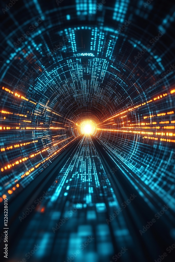 Aufkleber futuristic light tunnel with blue and orange digital flow design elements : generative ai