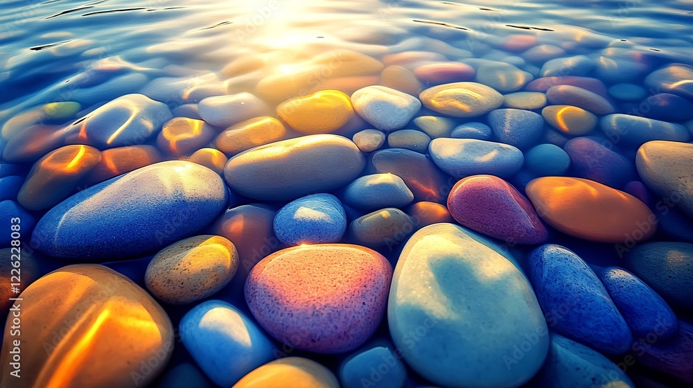 Poster vibrant multicolored smooth pebbles under clear water with sunlight reflection : generative ai