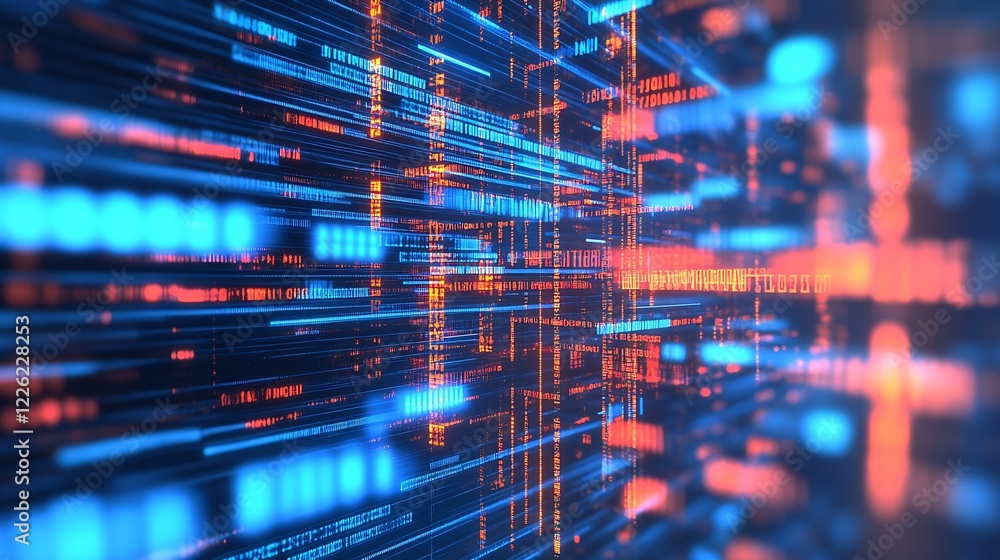 Poster futuristic digital network connections with glowing blue and orange grid : generative ai