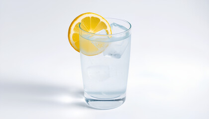 A glass of sparkling water with ice cubes and a slice of lemon, beautifully lit with soft highlights, on a white background