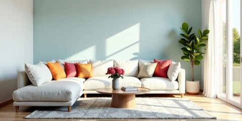 Modern sectional sofa in a sunlit living room with a light teal wall