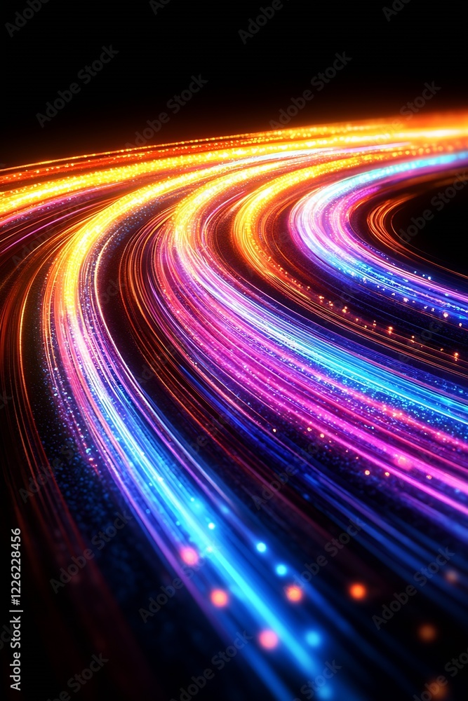 Poster vibrant abstract neon light trails representing digital information highway : generative ai