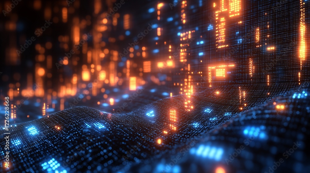 Poster futuristic digital landscape with glowing orange and blue data streams : generative ai