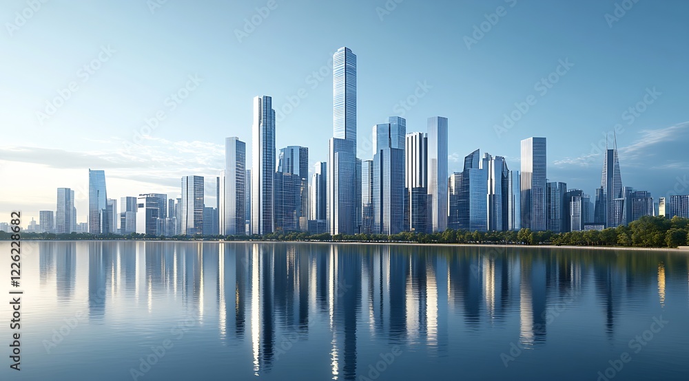 Poster modern urban skyline with tall skyscrapers reflecting on calm lake surface : generative ai