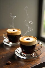Two steaming cups of coffee with crema, served on glass saucers on a dark wooden surface