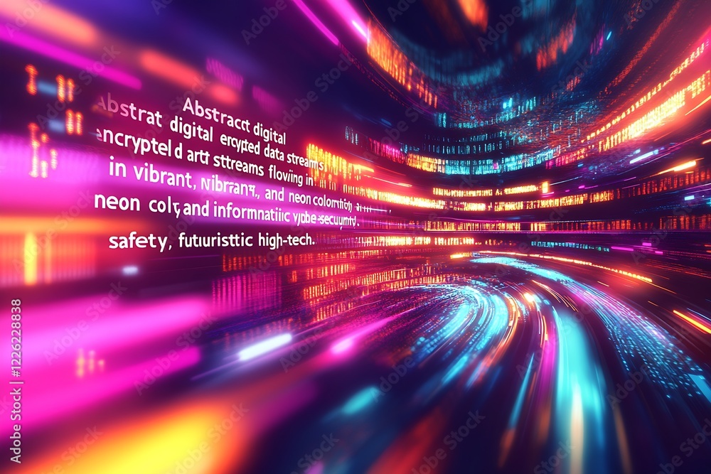 Aufkleber Futuristic Digital Data Streams in Vibrant Neon Colors with Cybersecurity Text : Generative AI