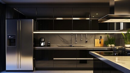 Modern kitchen with sleek black cabinetry, stainless steel appliances and marble countertops