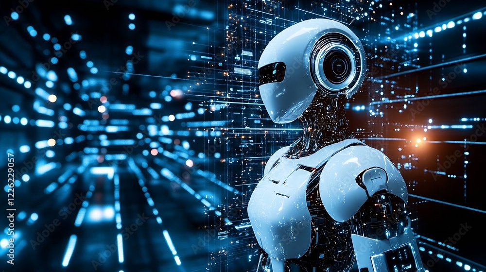 Aufkleber Futuristic Humanoid Robot in Data-Drenched Digital Interface Cybertech Environment : Generative AI