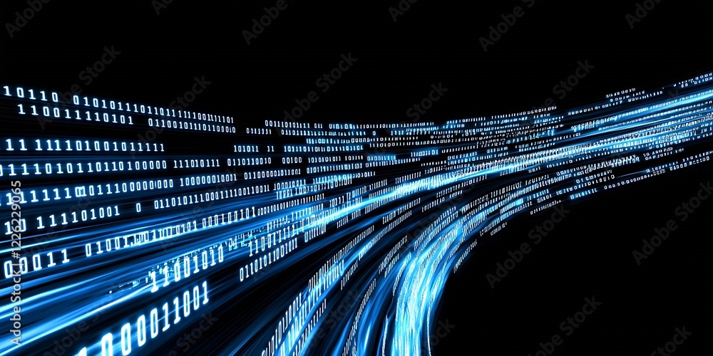 Aufkleber High-tech Futuristic Blue Binary Code Stream on Black for Digital Technology Background : Generative AI