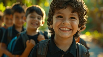 Joyful boy beams while strolling to school with his pals