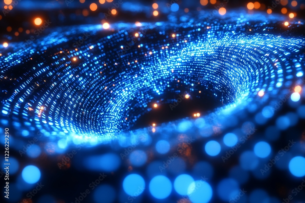 Poster Abstract Blue Circular Digital Matrix with Sparkling Lights and Glowing Vortex Structure : Generative AI