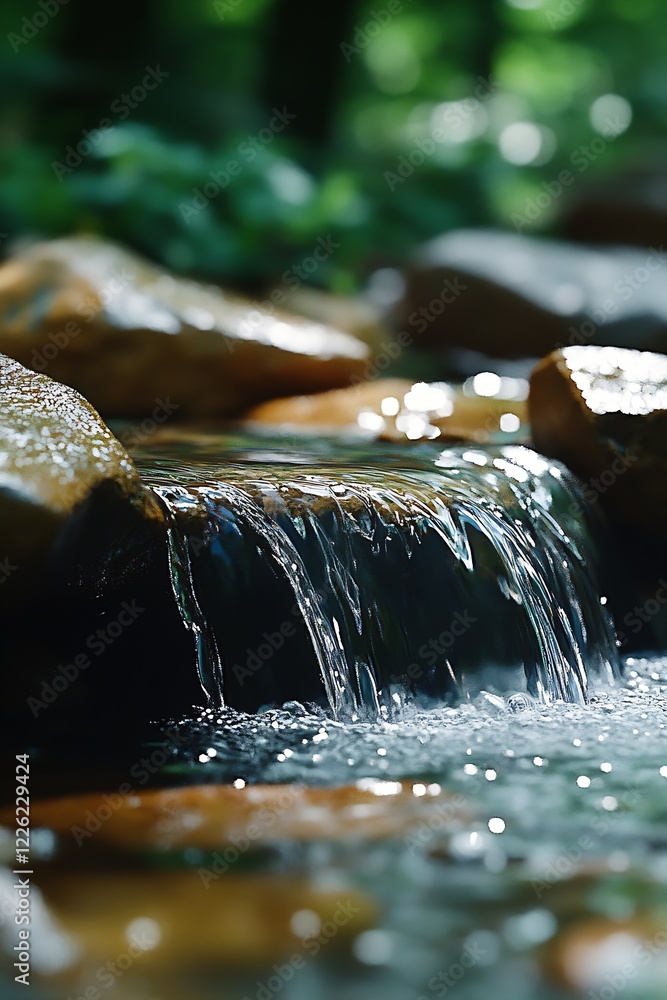 Poster tranquil forest waterfall on rocky stream with sunlight reflections : generative ai