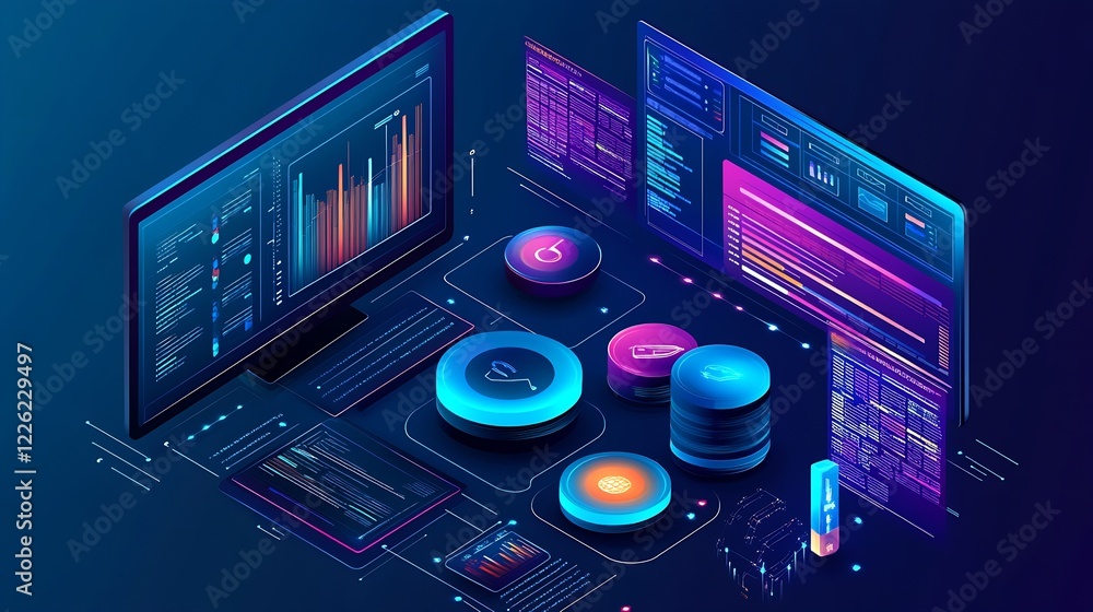 Aufkleber Futuristic Digital Data Analysis on Modern Interface with Charts and Graphs : Generative AI