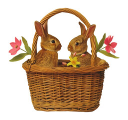 PNG Bunny in wicker basket bunnies flowers spring.