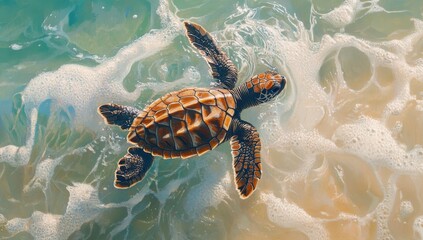 Fototapeta premium Sea Turtle Swimming Gracefully in Clear Turquoise Water with Gentle Waves and Soft Beige Sand Underneath, Tropical Paradise Scene