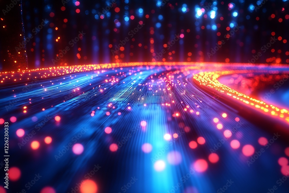Poster dynamic abstract neon light trails in geometric motion through futuristic digital space : generative