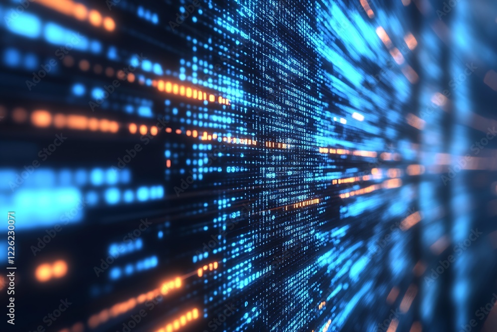 Poster Abstract Digital Data Stream with Blue and Orange Light Streaks Representing Future Technology : Generative AI