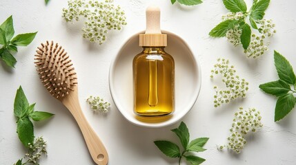 Amber hair oil bottle, wooden brush, and flowers on white.