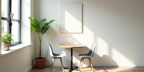 Minimalist interior scene with sunlight illuminating a small wooden table and two chairs, accompanied by potted plants and a blank canvas on the wall.
