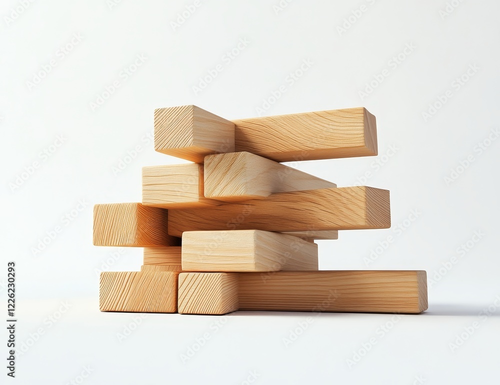 Aufkleber Abstract wooden blocks stacked, creating an intricate structure against a white background.