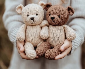 Obraz premium Adorable Knitted Teddy Bears: Soft, Handmade Toys, Cozy Companions, Perfect Gift, Child's Delight, Woven Textures, Neutral Colors, Sweet Animals, Gentle Expressions, Lovely Craftsmanship.