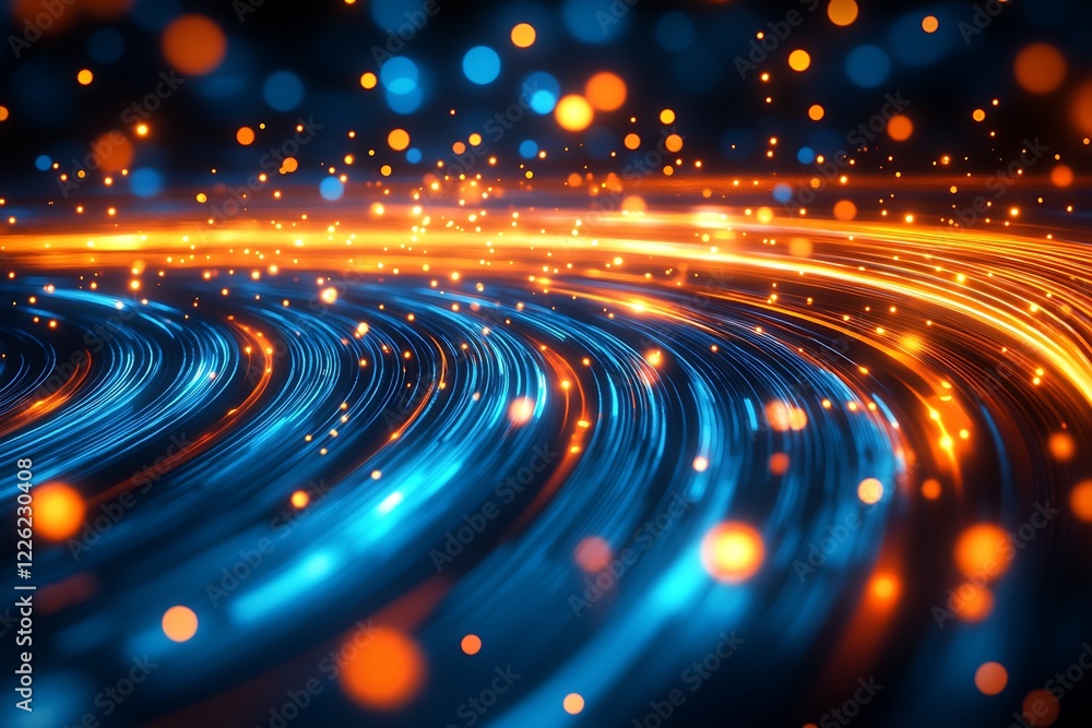 Poster Futuristic background with swirling blue and orange light particles depicting dynamic movement and energy flow : Generative AI