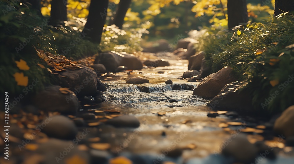 Aufkleber Idyllic Forest Stream in Autumn with Sunlit Foliage and Flowing Water : Generative AI