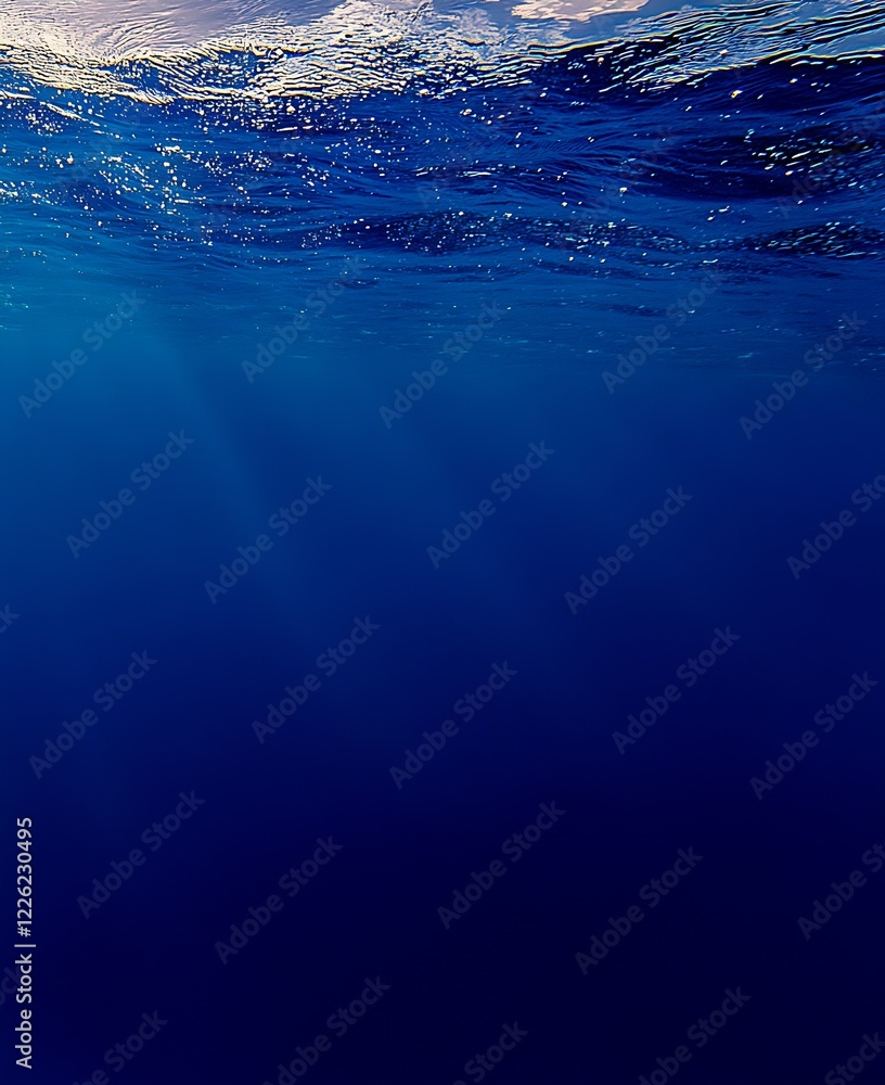 Poster tranquil underwater scene with deep blue ocean surface and sunlit waves : generative ai