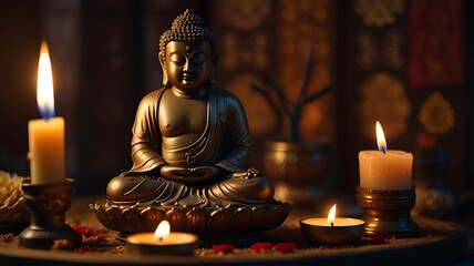 miniature Buddha statue in a home altar with incense sticks and glowing oil lamps