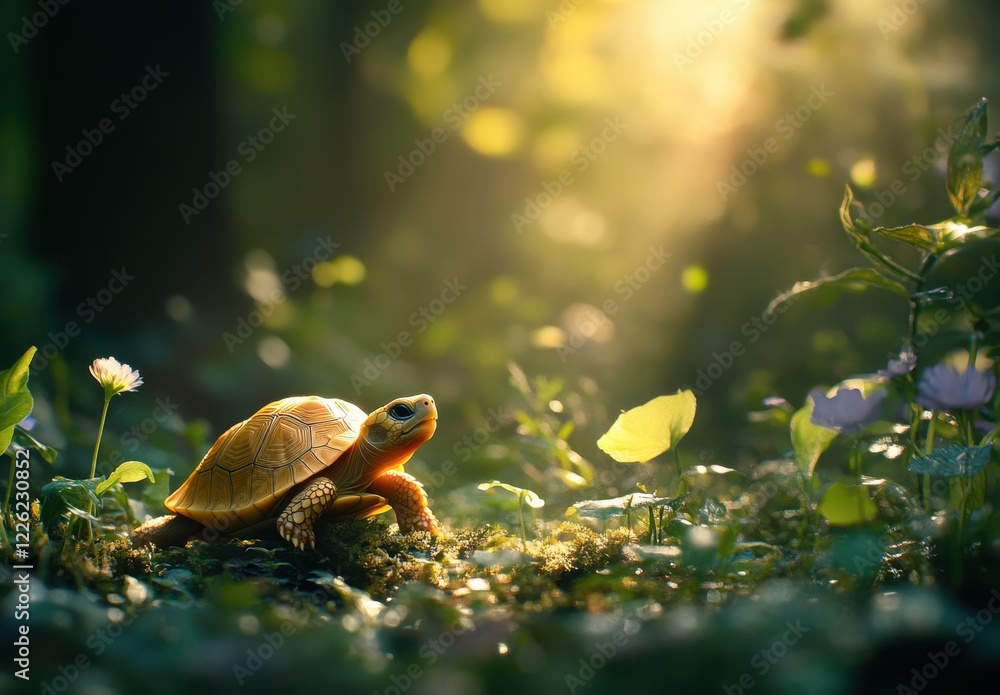 Poster serene forest scene featuring a vibrant turtle surrounded by lush greenery and soft morning light fi