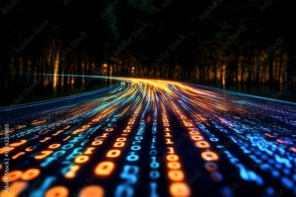 Poster Neon Speed Code Highway Illuminating Through a Technology Forest : Generative AI