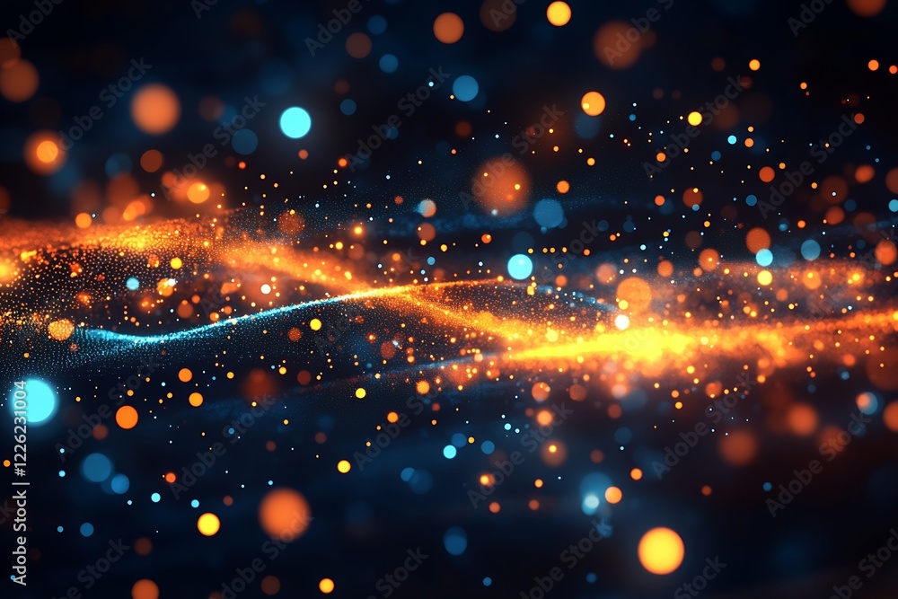 Poster vibrant blue and orange bokeh lights creating abstract digital wave pattern : generative ai