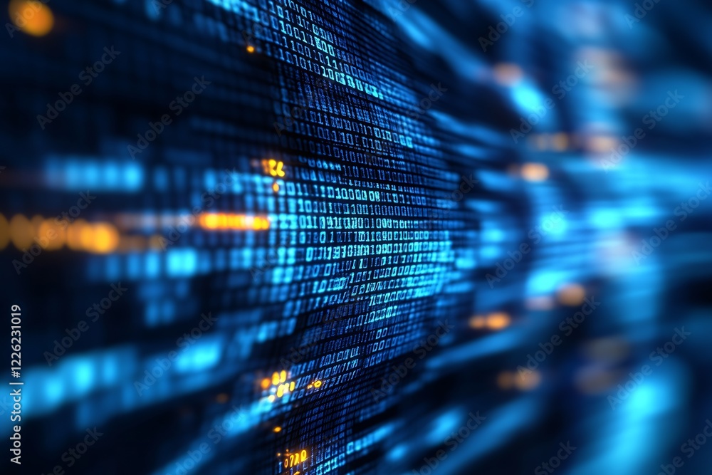 Aufkleber Digital Data Flow Motion with Blue Binary Code and Blurred Technology Background : Generative AI