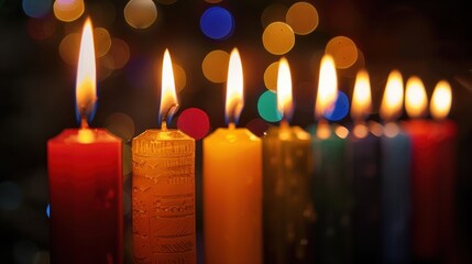 Candles are lit in a row with brightly colored lights in the background, copy space