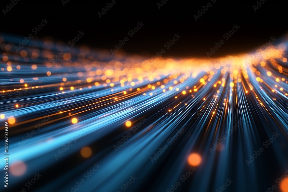 Poster energy waves of orange and blue lights representing speed and technology innovation in a dark space 