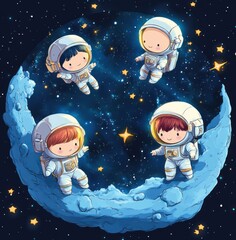 Children Exploring Space with Astronauts Planets Stars and a Moon in a Whimsical Cartoon Illustration