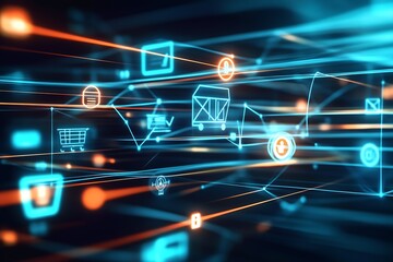 Futuristic Digital Network with E-commerce Icons in Neon Light : Generative AI