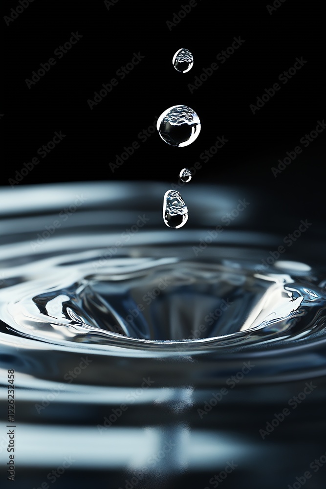 Poster crystal clear water droplet falling into still water creating ripples and reflections : generative a