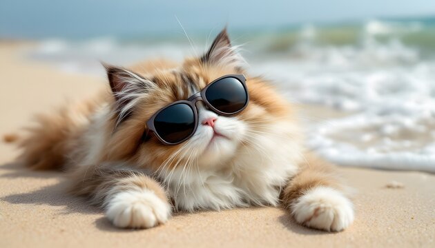 Cool Cat on Beach Wearing Sunglasses Summer Fun